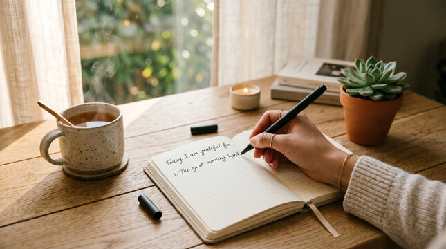 A person journaling for gratitude as a simple way to feel better every day.