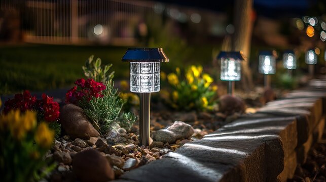 A serene garden pathway illuminated by solar-powered lanterns at night