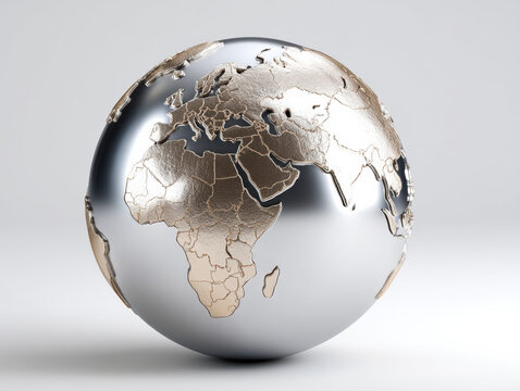 Metallic chrome world globe with high fidelity detail, shiny silver and gold continents, modern style, isolated on white background