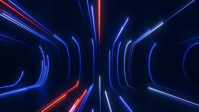 Abstract data flow background. Blue and orange neon lines with glowing trails