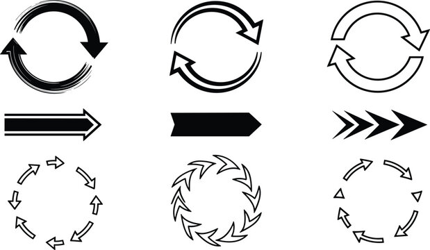 Collection of black arrow icons showing different directional movements rotation cycles and progress flow designs.