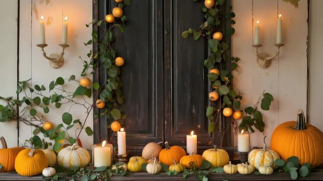 Festive fall arrangement on a rustic mantelpiece, showcasing a variety of pumpkins and gourds intertwined with green foliage and illuminated by the warm, flickering glow of burning candles