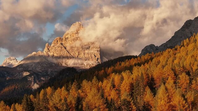 Scenic aerial view of fiery autumn colours in an alpine forest. Drone view of the Dolomites in the fall, near Lake Misurina