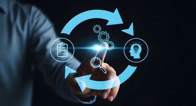 Businessman touching a digital interface with business process icons, strategy, planning, and innovation concept