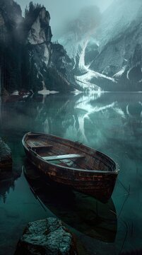 wooden boat on the lake in mountains, foggy weather, beautiful scener