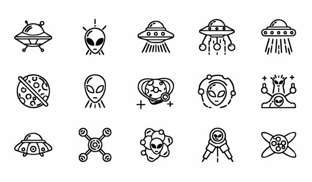 Modern alien and UFO icon collection with extraterrestrial space discovery line symbols