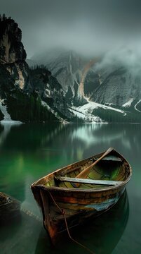 wooden boat on the lake in mountains, foggy weather, beautiful scener
