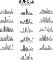 Naklejka premium Set of black and white city skyline silhouettes and famous landmarks