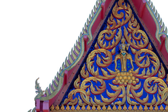 An ornate golden carving of a Hindu deity riding a three-headed elephant on the colorful gable of a traditional Thai temple, isolated on a white background.