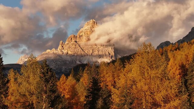 Scenic aerial view of fiery autumn colours in an alpine forest. Drone view of the Dolomites in the fall, near Lake Misurina