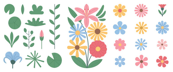 Obraz premium Set of flat vector flowers and plants isolated on white background