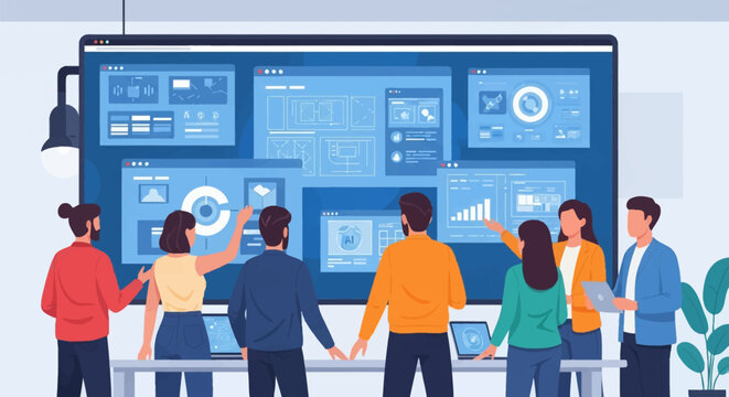 Flat vector illustration of a professional team collaborating on a digital dashboard displaying artificial intelligence data visualization, UI UX wireframes and business analytics.