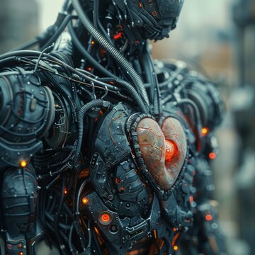 Close up of a robot's mechanical chest with a glowing, cracked stone like heart inside