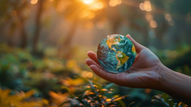 Human hand holding a glowing planet Earth globe in a sunlit green forest background.