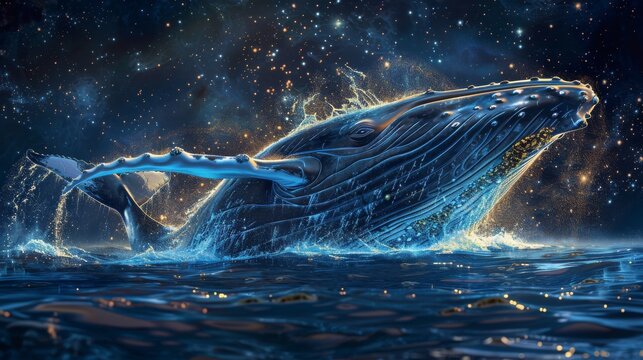 Majestic whale breaching from the ocean under a spectacular starry sky with galaxies