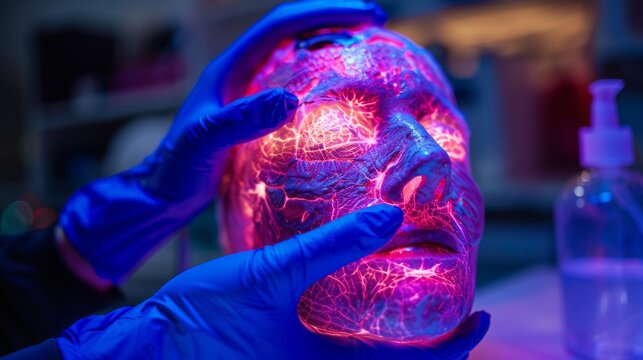 Examination of a transparent head glowing with neon energy veins by gloved hands.