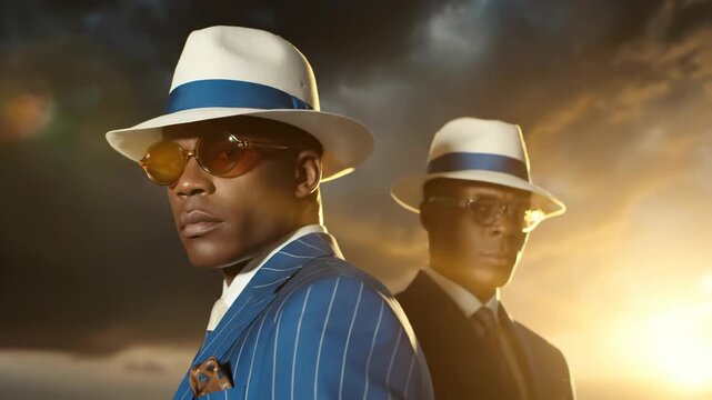 Confident men in dapper pinstripe suits, wearing elegant fedora hats and classic sunglasses, embodying the essence of timeless vintage style, under a dramatic golden hour sky, radiating success