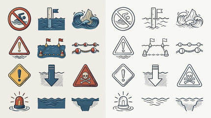 Collection of warning signs and symbols related to water safety and potential hazards. © Renald