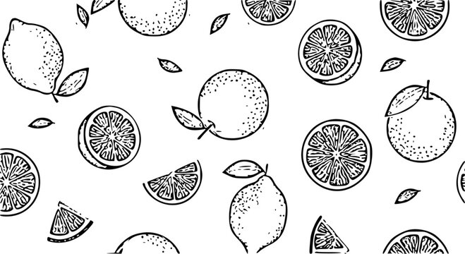 Hand drawn seamless pattern with citrus orange and lemon fruit slices leaves and wedges ink sketch style vector illustration
