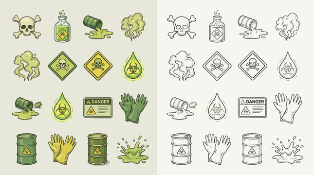 Collection of icons representing hazardous materials, toxicity, and safety precautions, including skulls, poison bottles, barrels, and warning signs.