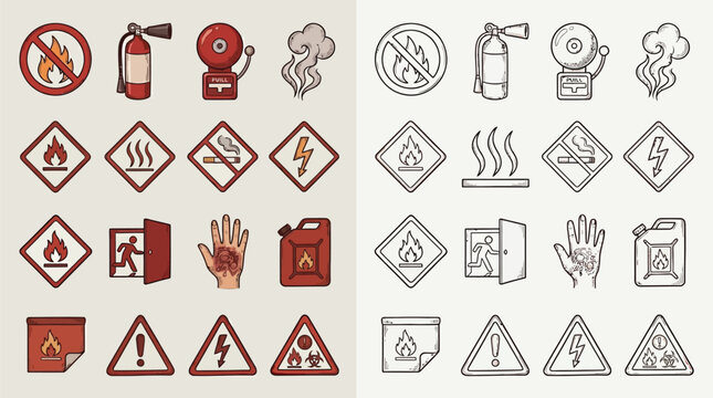 Collection of safety and warning icons related to fire hazards, flammable materials, and emergency procedures, presented in both color and outline versions.