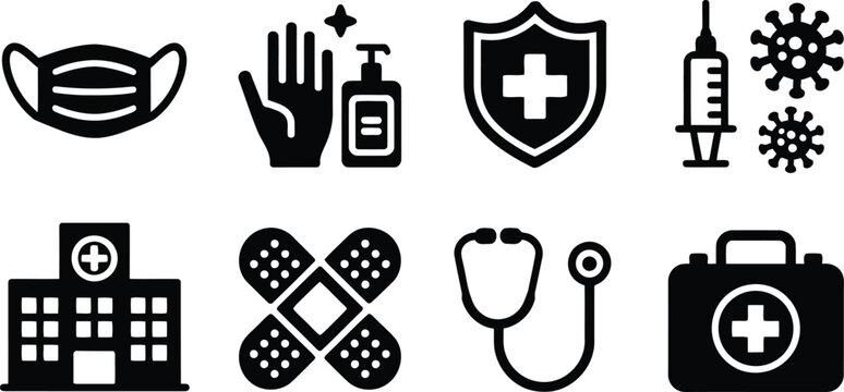 Essential medical and healthcare icons for pharmacy hospital and virus prevention campaign visual communication materials