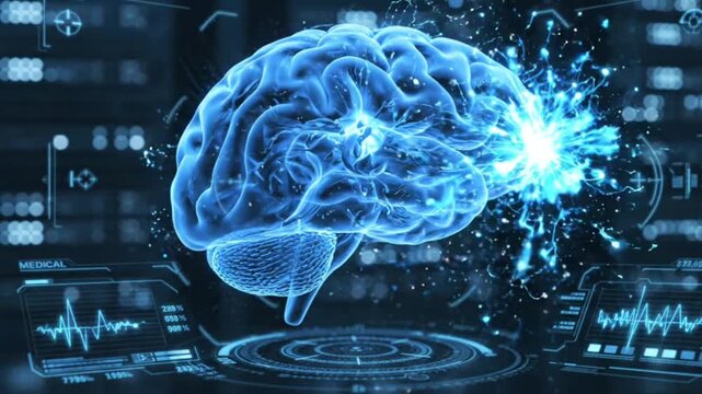 AI brain scanning visualization, glowing blue brain hologram rotating slowly in dark environment.