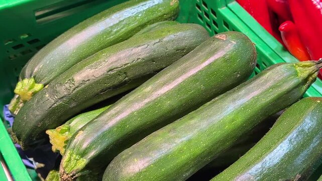 Fresh green zucchini stacked in a basket on a table