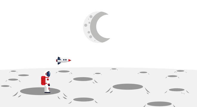 Astronaut on Moon surface with rocket and crescent moon in sky