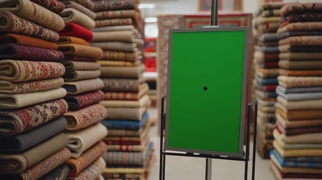 Stack of Multi Colored Persian Carpets in Shop with Green Screen