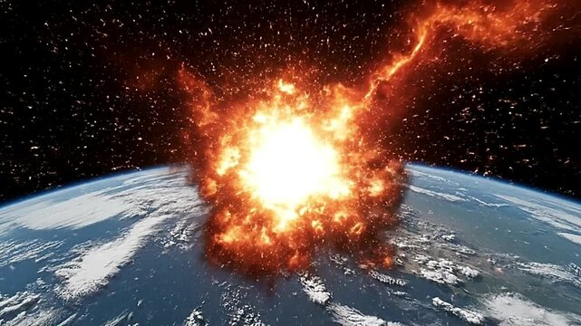 Cinematic asteroid impact on planet Earth, massive fiery explosion in outer space, apocalyptic global catastrophe and end of the world concept