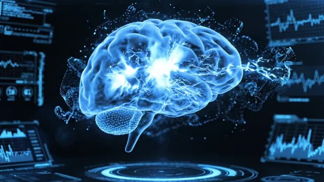 AI brain scanning visualization, glowing blue brain hologram rotating slowly in dark environment.
