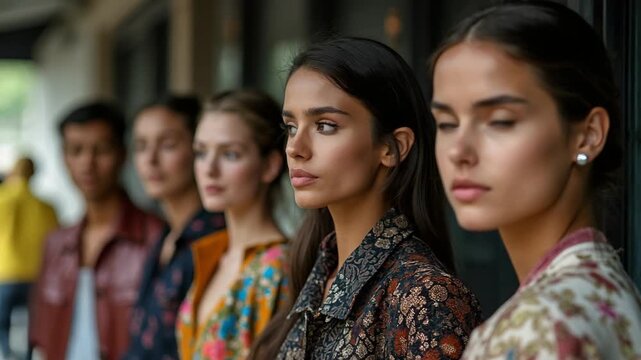A group of stylish young adults stand closely together outdoors in an urban environment. They wear trendy outfits, displaying confidence and modern fashion sensibility.