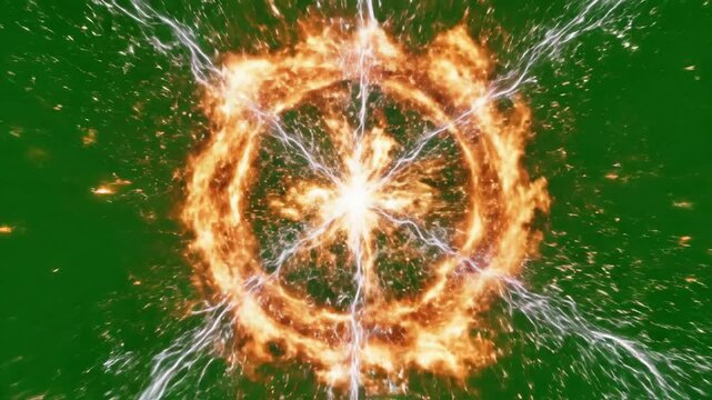 Dynamic fiery energy burst with radiating electric lightning on a chroma key green screen background.