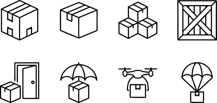 Set of Logistics and Delivery Linear Icons Featuring Drone Shipping Parachutes Crate Boxes and Doorstep Parcel Services