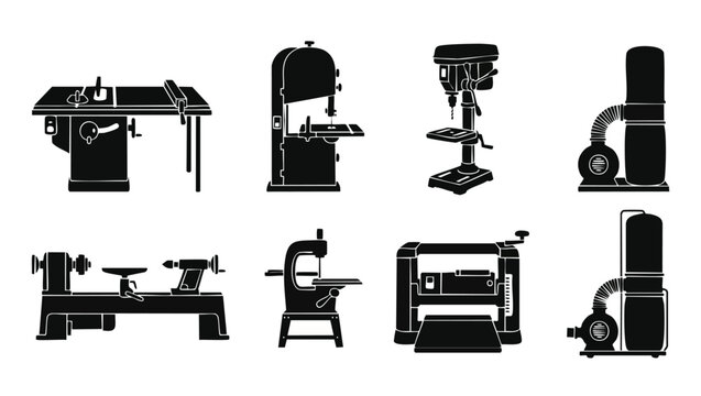 Woodworking Machinery Icons Set, Professional Carpentry Workshop Tools, Heavy Industrial Equipment Silhouettes for Manufacturing and Construction Industry Design, Isolated Black Shapes on White Backgr