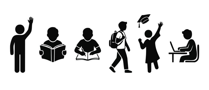 Student Education Icons Set: School Learning, Reading, Writing, Graduation, and Online Study Process. Flat black vector silhouette collection representing academic growth, classroom activity, and achi