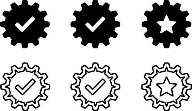 Set of Linear and Solid Gear Icons Featuring Checkmarks and Stars Representing Quality Assurance and Technical Achievement