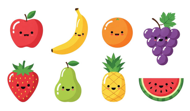 Cute Cartoon Fruit Character Set With Happy Healthy Food Vector
