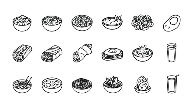 A Culinary Assortment: A collection of line art icons representing a diverse array of food items, from breakfast staples to hearty meals and refreshing drinks.