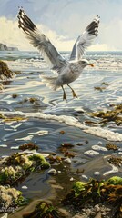 Fototapeta premium Seagull, with white feathers and black stripes on its wings, yellow beak and feet flying over an ocean pier.