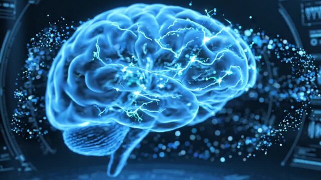 AI brain scanning visualization, glowing blue brain hologram rotating slowly in dark environment.