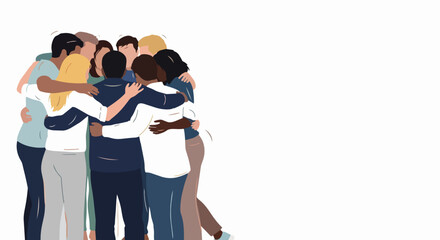 Fototapeta premium Diverse group hug illustration with people embracing in unity and support. Vector flat design for teamwork, friendship, and community bonding. Concept for social media, corporate training,