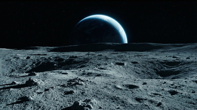 Moon surface with Earth in the background in dark space setting  