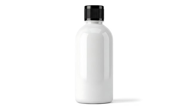 Minimalist white bottle with black cap on white background