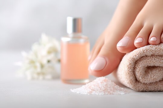 A close up view shows a well-cared foot next to a soft towel and a bottle of essential oil. A small pile of salt is nearby, indicating a pampering pedicure activity