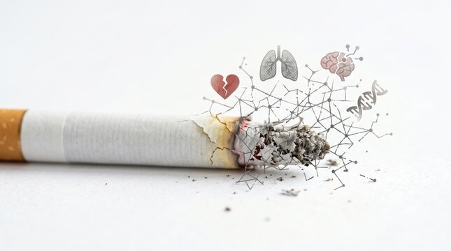 Burning cigarette causing human health damage with digital icons of heart lung and brain. Smoking danger and biology toxicity concept. Harmful effect of tobacco addiction on human body