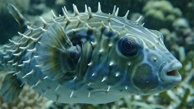 Pufferfish with Spikes Inflated in Defensive Pose