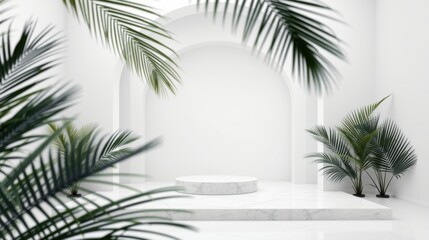 Fototapeta premium Minimalist interior. White walls, arched doorway, marble pedestal. Lush tropical foliage frames scene. Clean aesthetic, bright space.