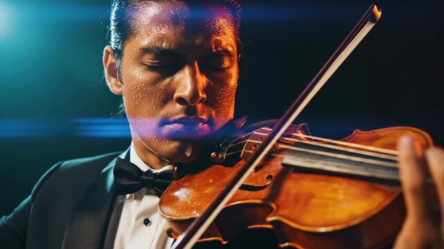 Spectacular 4k slow dolly push-in portrait of a passionate violinist performing, bathed in dramatic teal and orange cinematic lighting, conveying deep emotion and artistic power